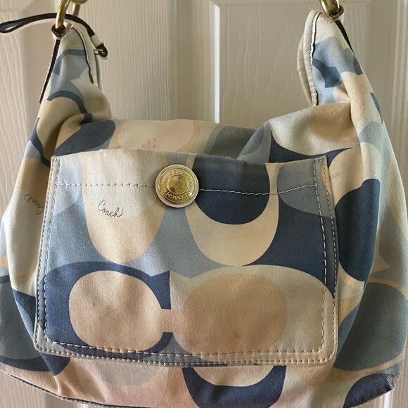 Coach Signature Nylon Blue Scarf Print Hobo Bag 11734 Leather strap and trim. - Picture 7 of 16